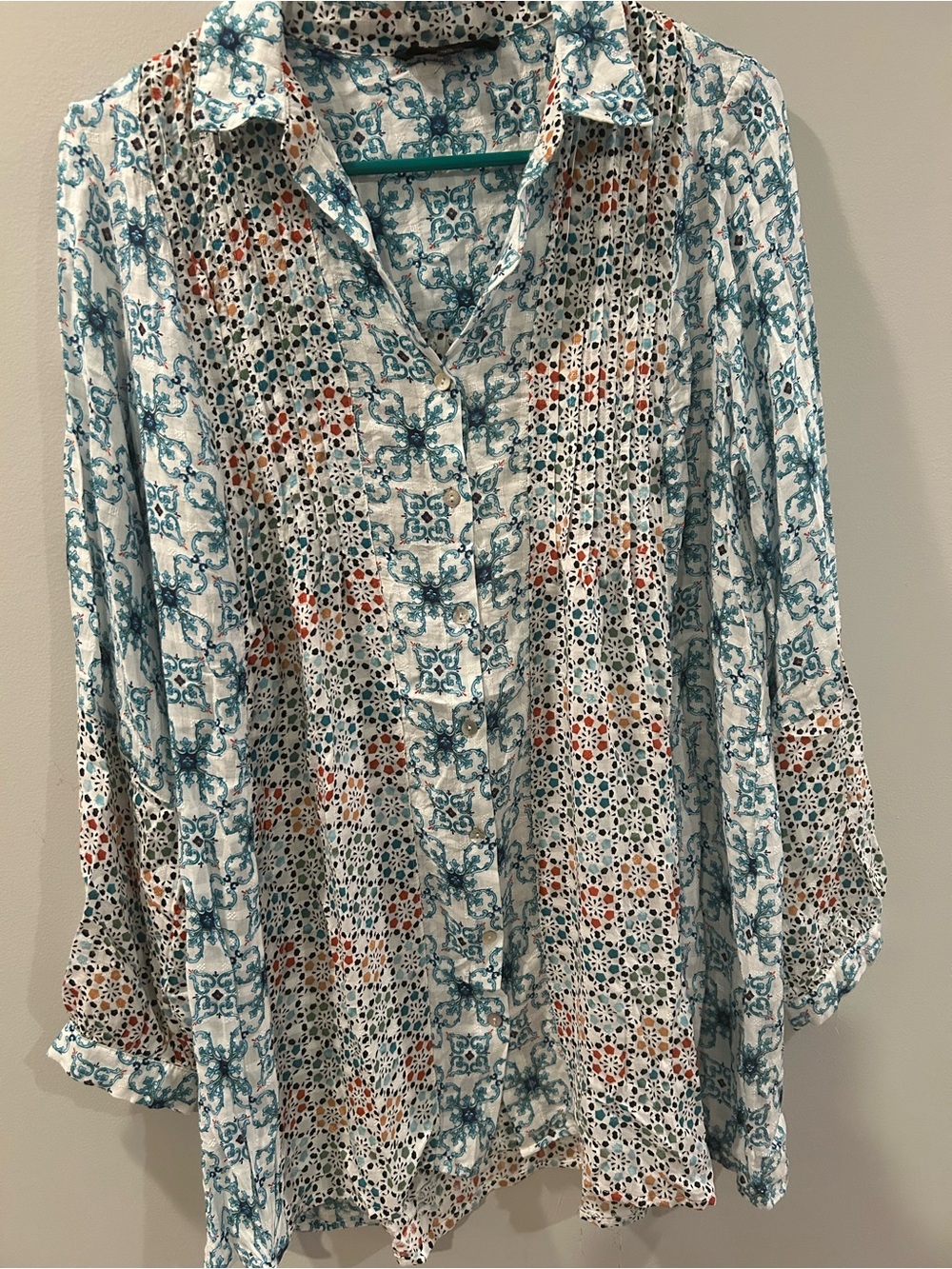 Jane and Delancey Teal and White Button-Down Printed Blouse with Orange Accents
